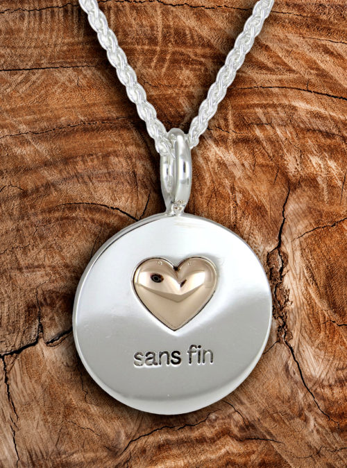 Sans Fin Necklace, Sterling Silver. Gold Heart. Choose your color combination