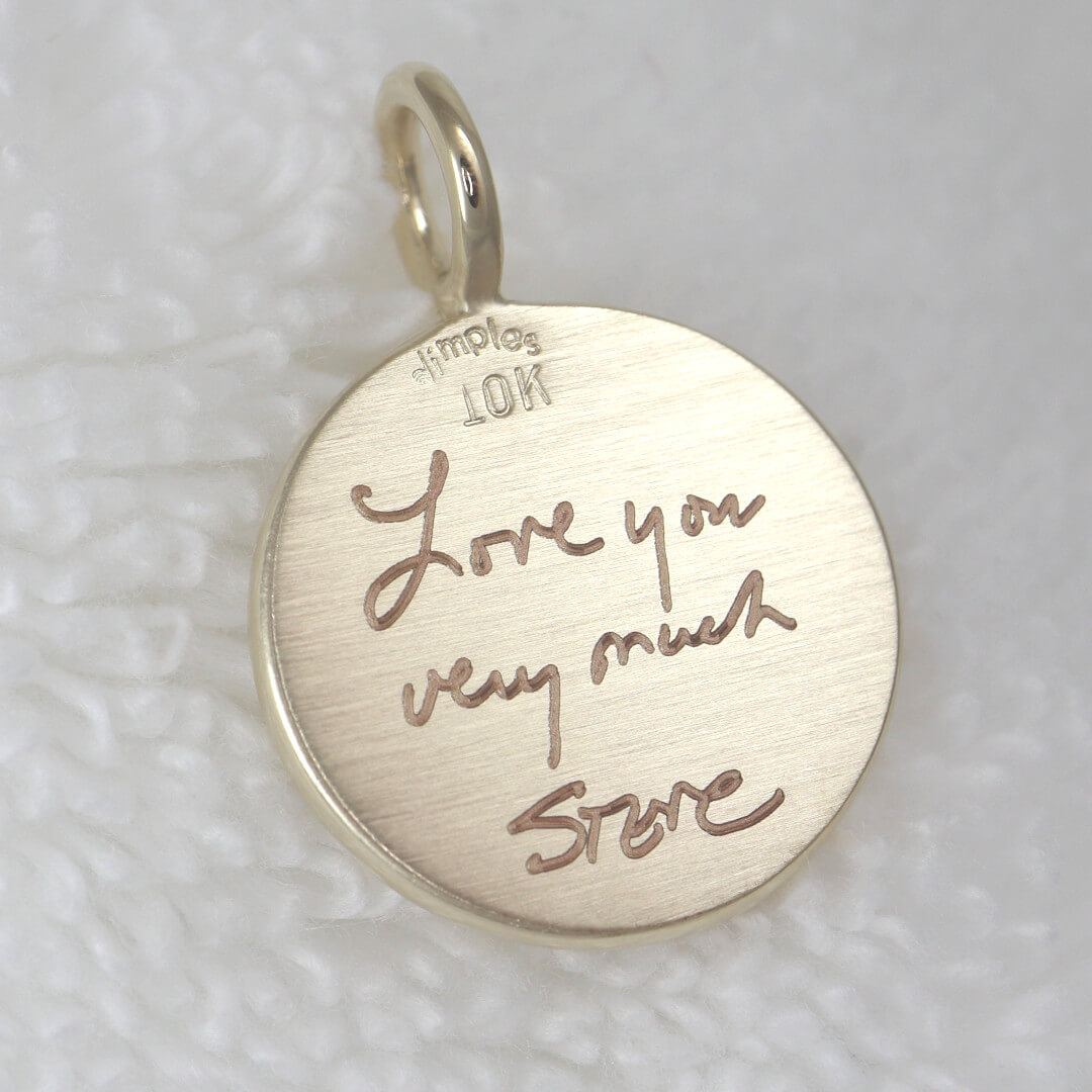 The Art of Memorial Jewelry Yellow Gold Personalized Handwriting Charm Closeup